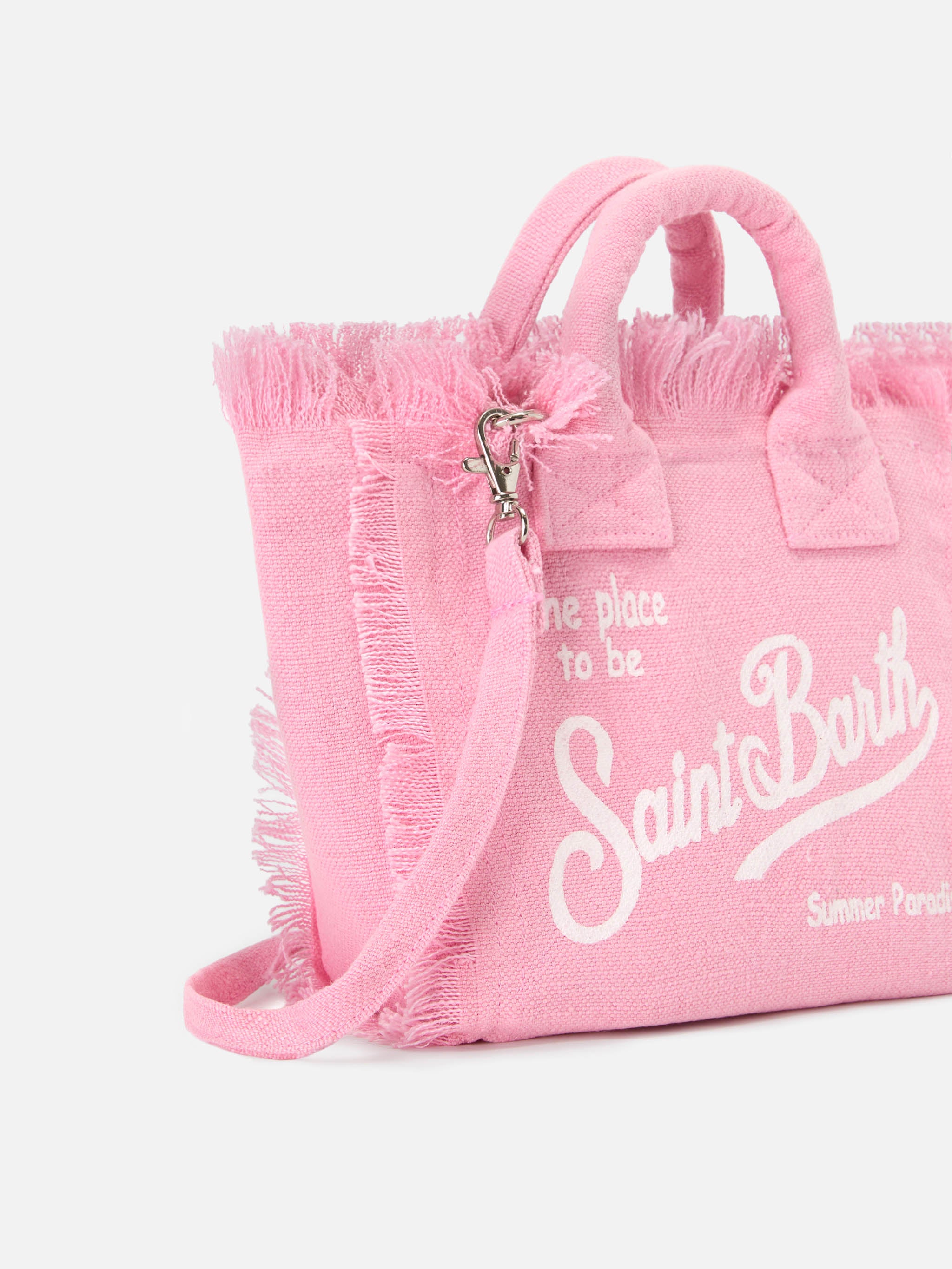 borsa-vanity-mini-mc2-saint-barth-in-lino-rosa-tinta-unita-con-frange-e-tracolla image 3