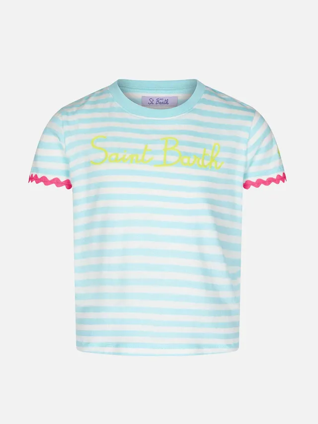 mc2-saint-barth-t-shirt-bambina-righe-bianco-verde-acqua-con-ricamo-saint-barth image 1