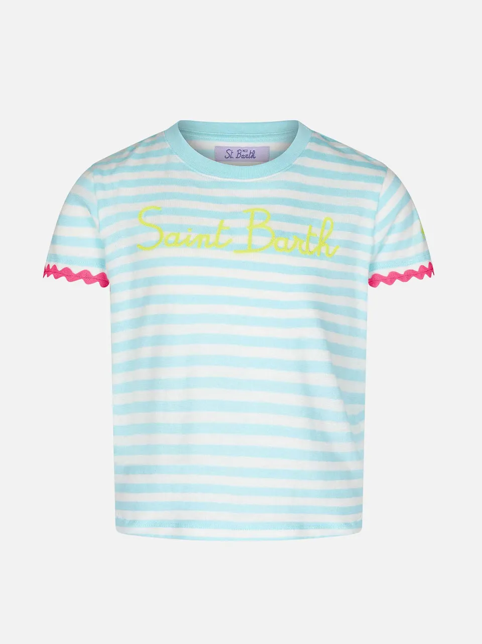 mc2-saint-barth-t-shirt-bambina-righe-bianco-verde-acqua-con-ricamo-saint-barth image 1