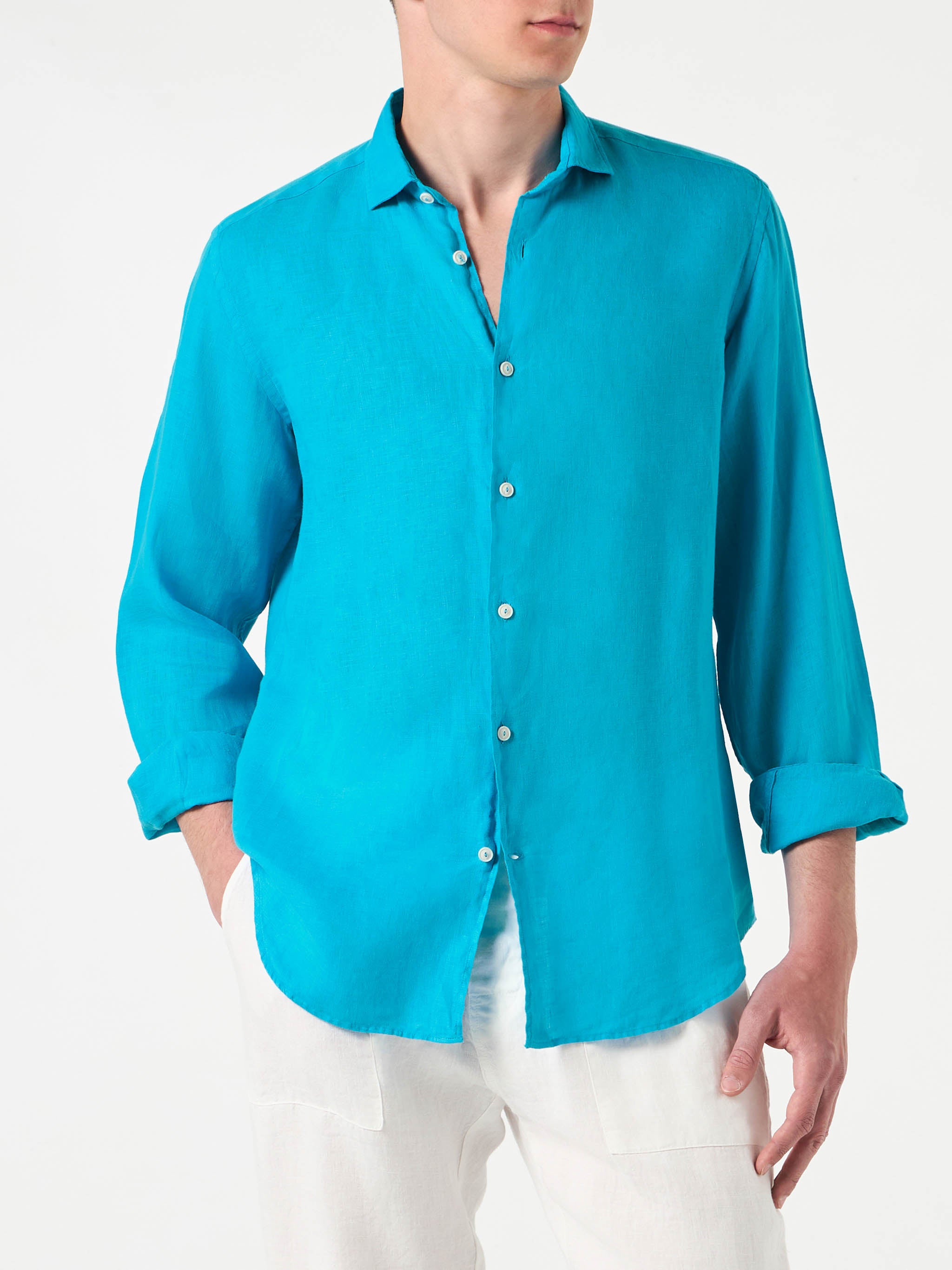 mc2-saint-barth-camicia-pamplona-uomo-in-lino-turchese-maniche-lunghe image 1