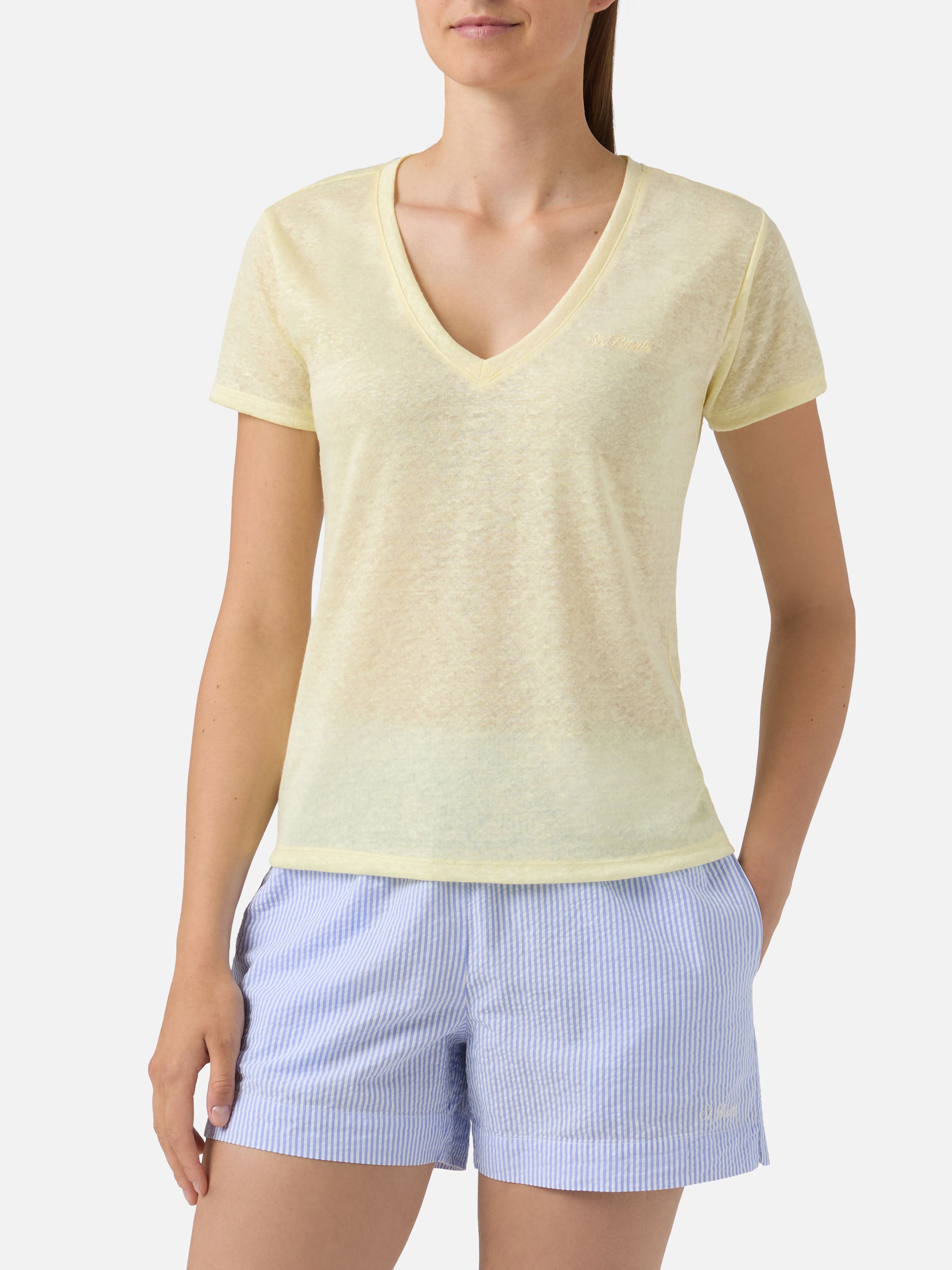 mc2-saint-barth-eloise-t-shirt-da-donna-gialla-in-lino-con-logo-ricamato-tono-su image 4