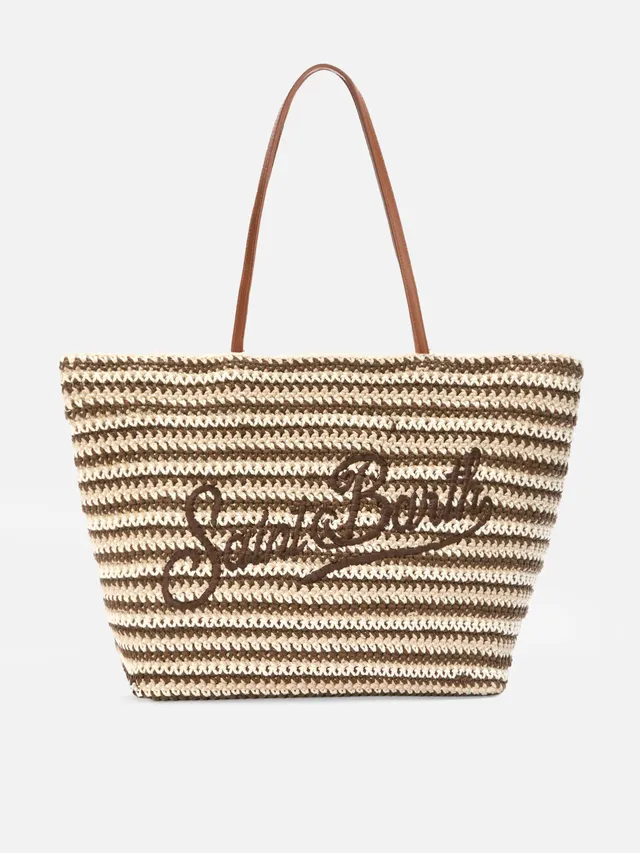 borsa-tote-mc2-saint-barth-crochet-a-righe-beige-e-marroni-con-logo-ricamato image 1