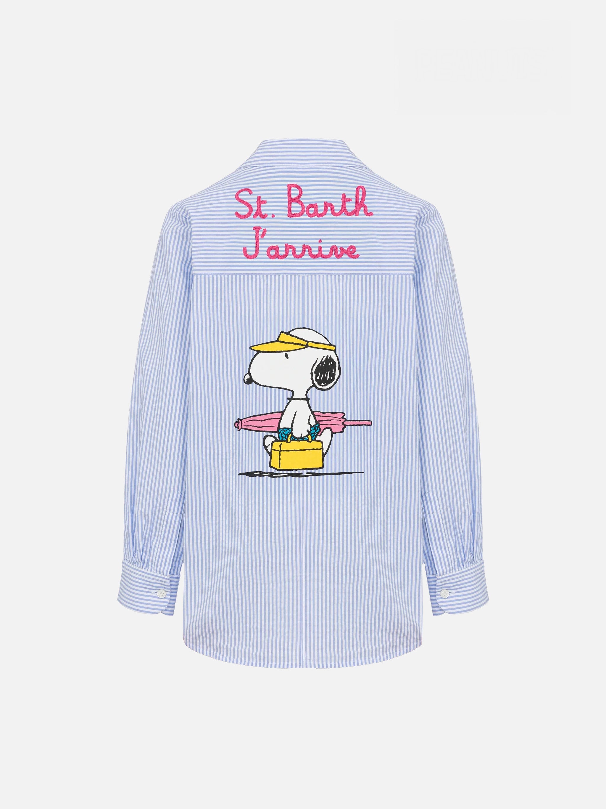 mc2-saint-barth-mini-brigitte-camicia-donna-seersucker-snoopy-peanuts-righe-azzu image 1