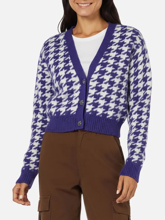 mc2-saint-barth-megeve-cardigan-donna-cropped-viola-pied-de-poule-bottoni-gioiel image 1