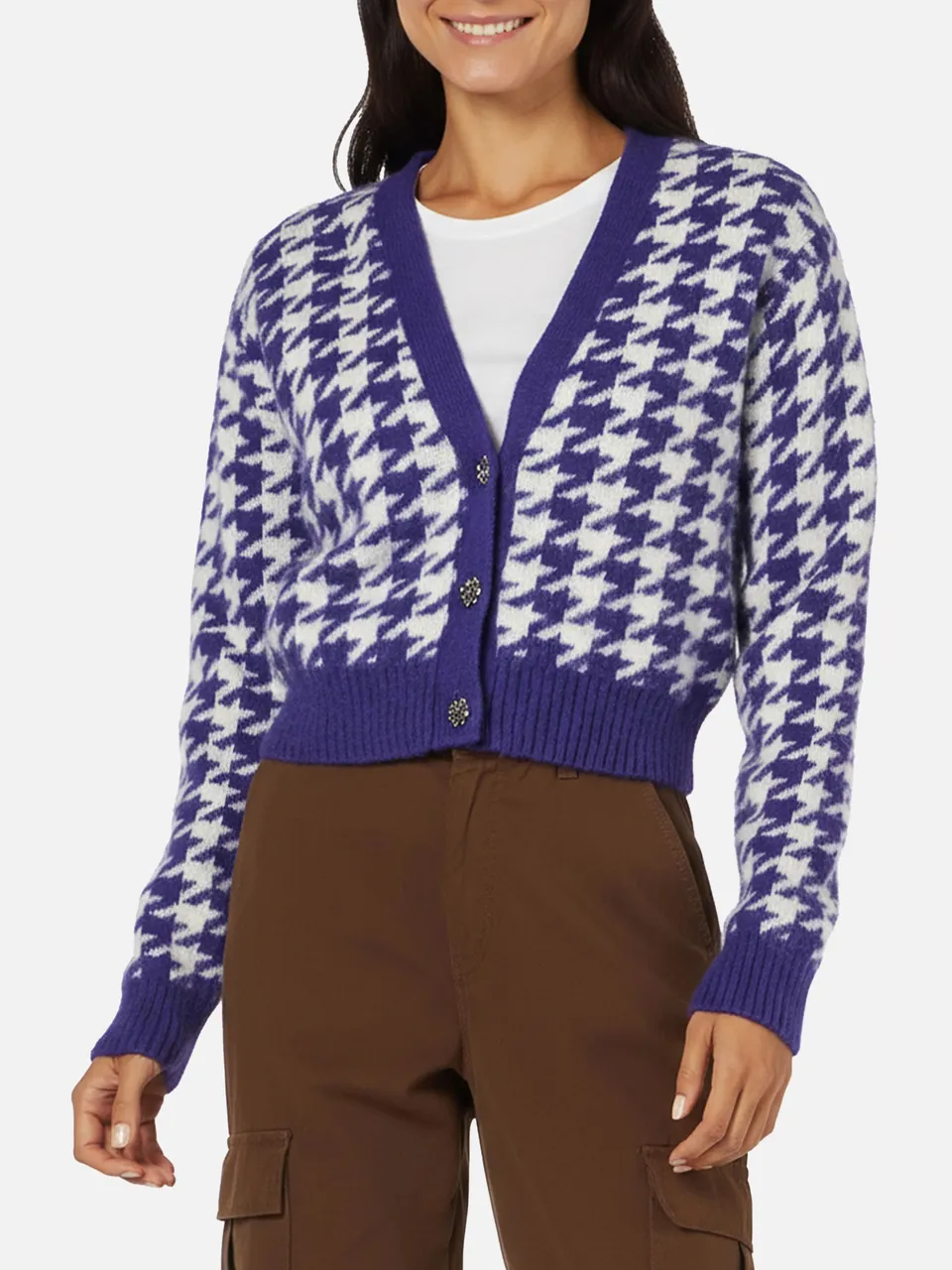 mc2-saint-barth-megeve-cardigan-donna-cropped-viola-pied-de-poule-bottoni-gioiel image 1