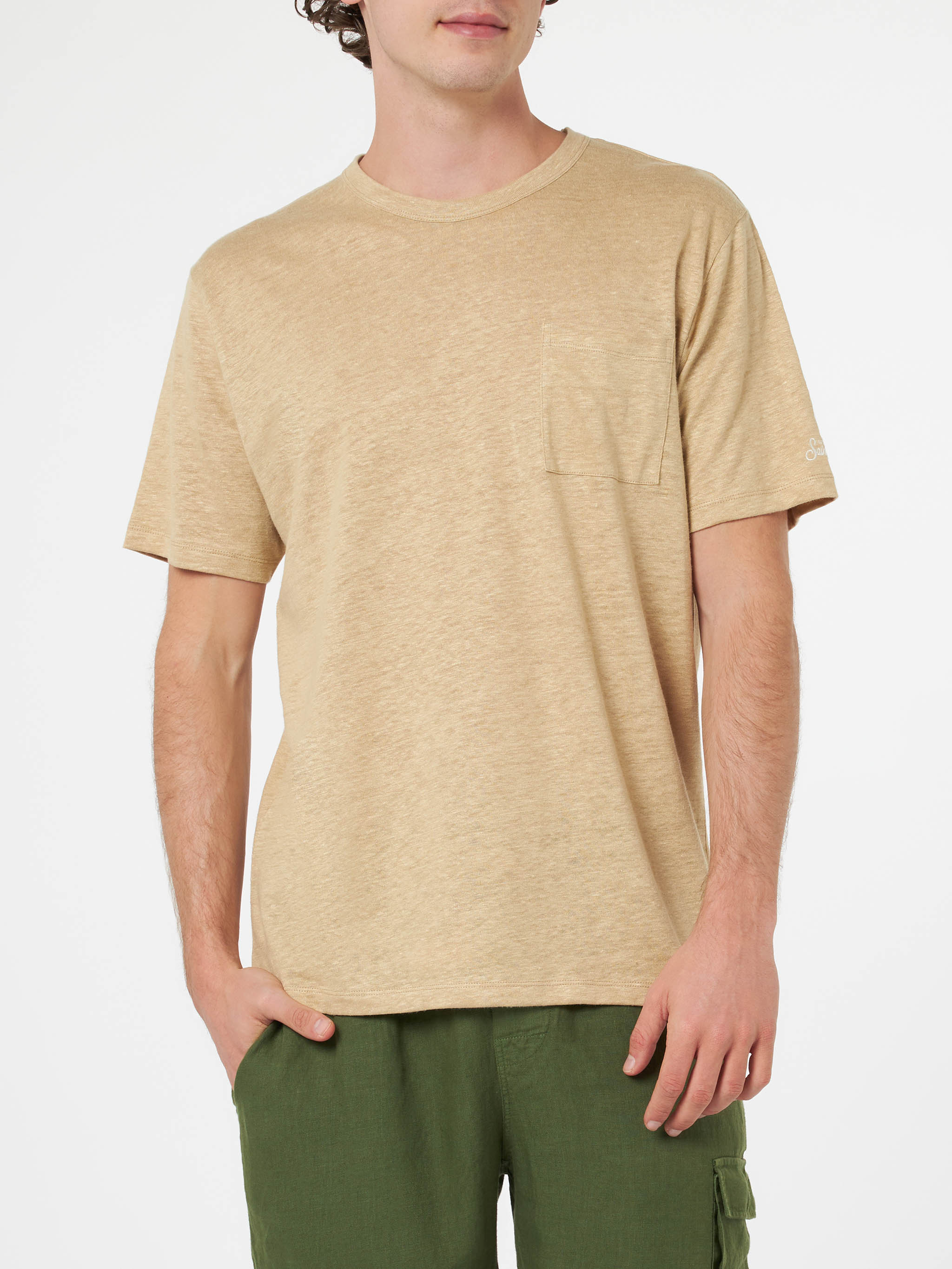 mc2-saint-barth-ecstasea-t-shirt-uomo-lino-jersey-beige-con-taschino image 2