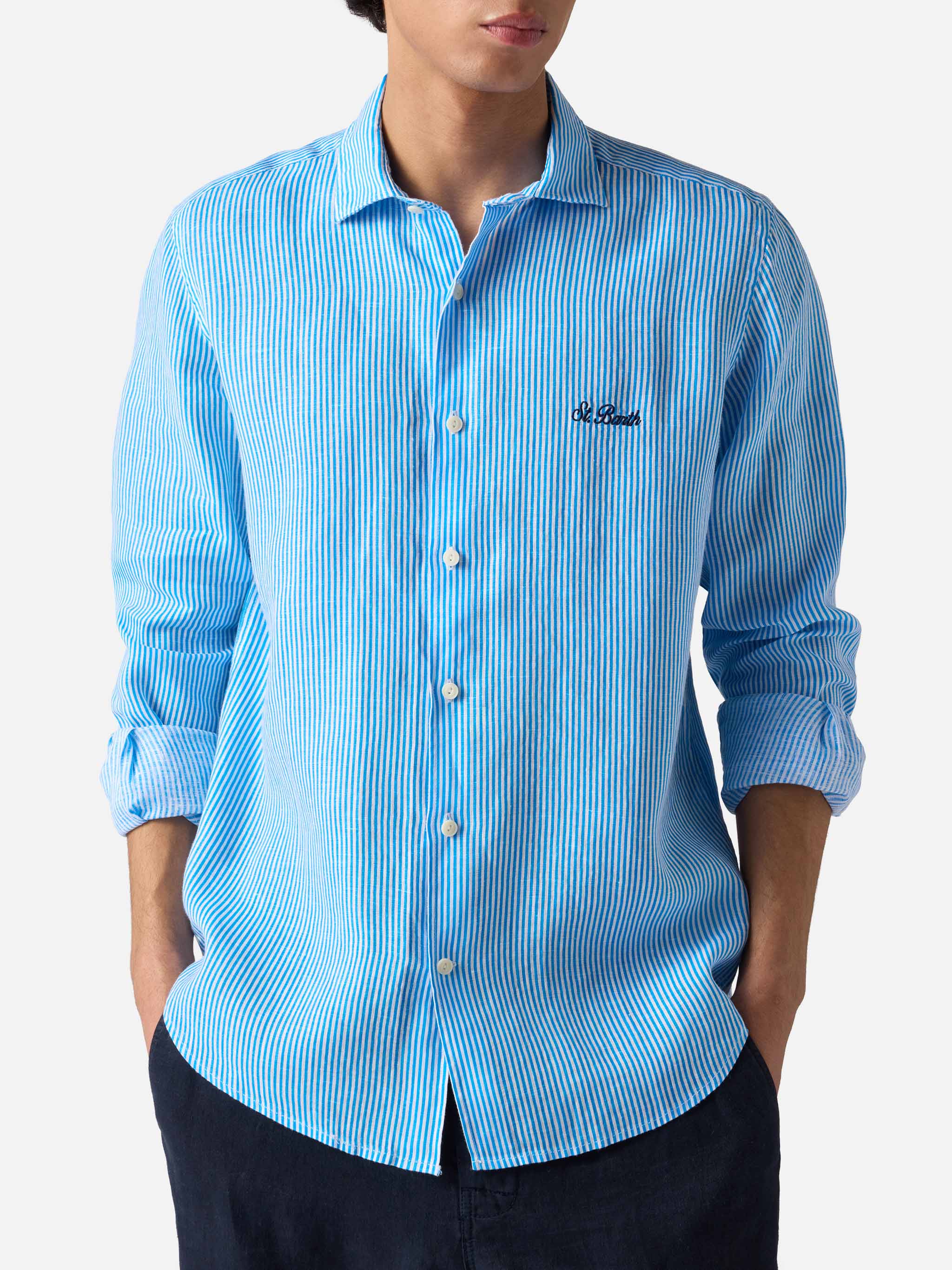 mc2-saint-barth-camicia-pamplona-in-lino-a-righe-turchese image 1