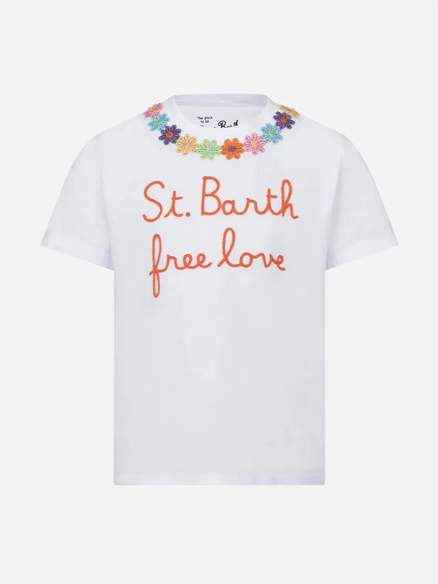 mc2-saint-barth-t-shirt-bambina-bianca-ricamo-margherita-free-love image 1
