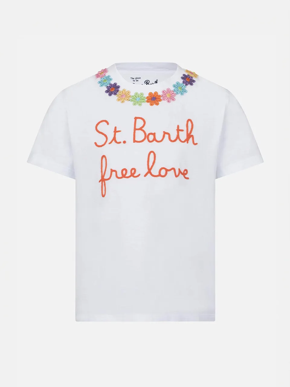mc2-saint-barth-t-shirt-bambina-bianca-ricamo-margherita-free-love image 1