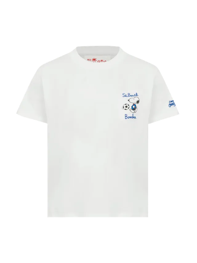 mc2-saint-barth-t-shirt-boy-cotone-bianco-ricamo-st-barth-bomber-e-stampa-snoopy image 1