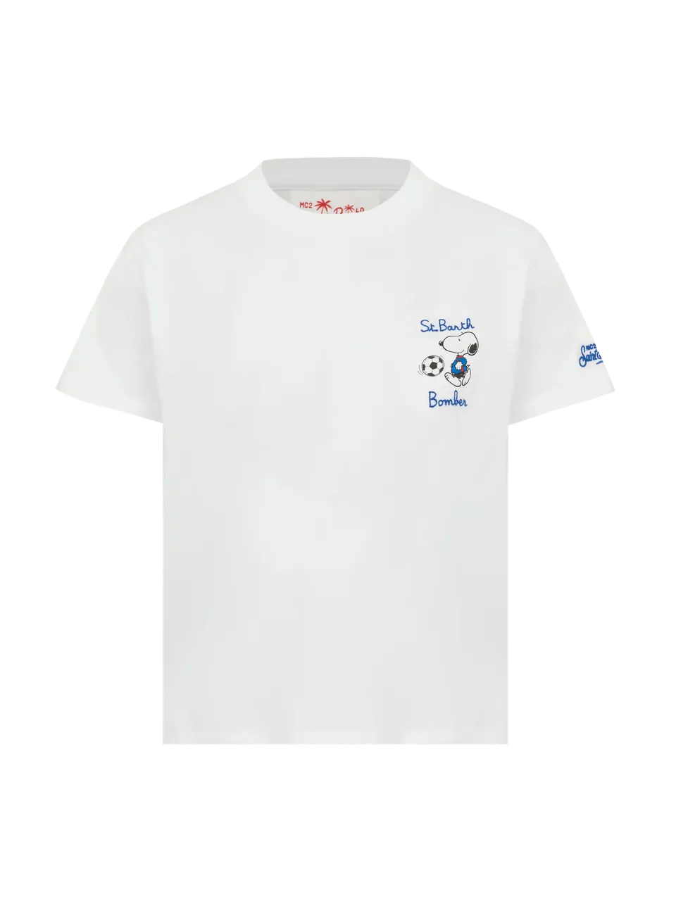 mc2-saint-barth-t-shirt-boy-cotone-bianco-ricamo-st-barth-bomber-e-stampa-snoopy image 1