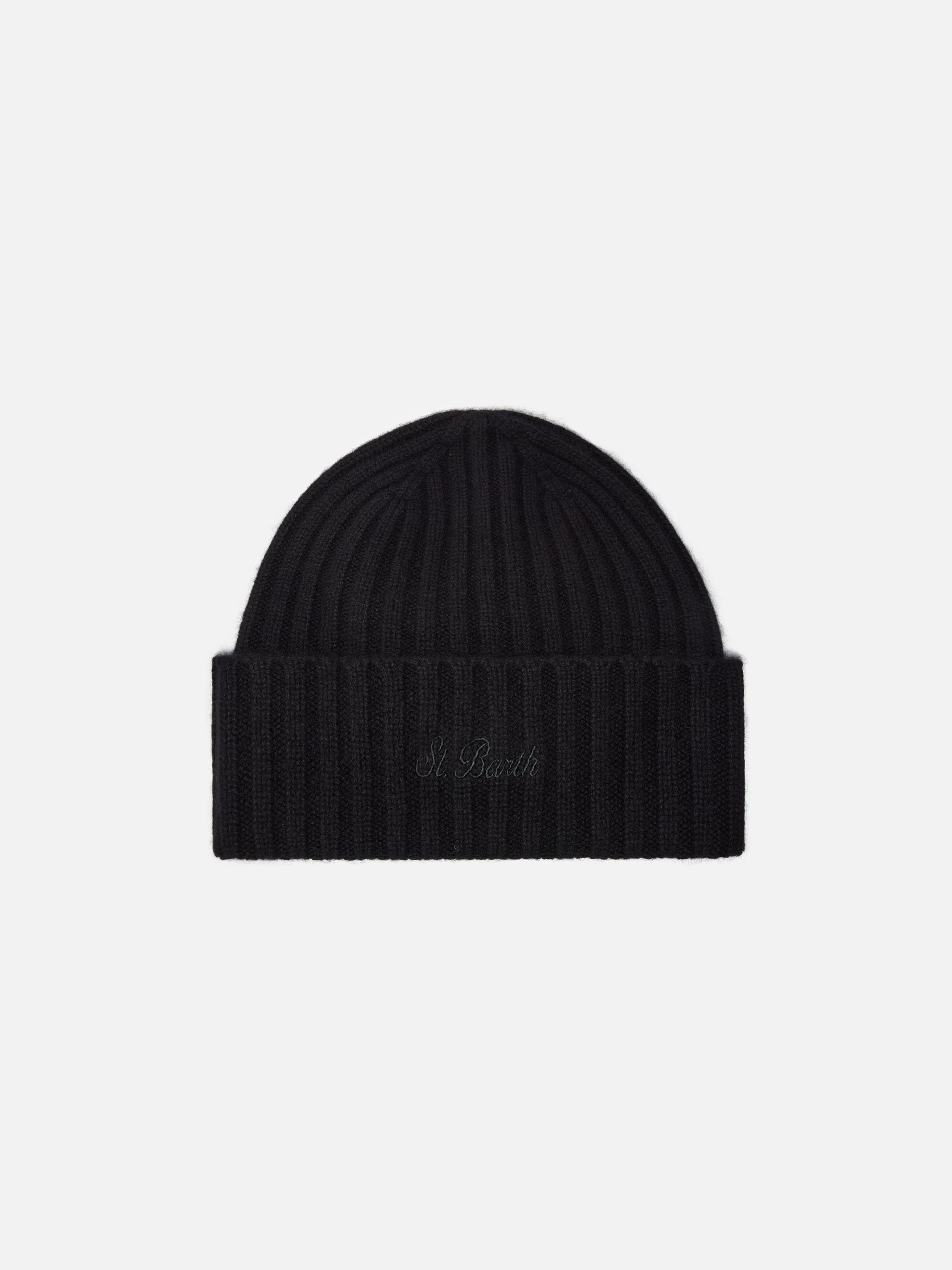 mc2-saint-barth-wengen-berretto-in-cashmere-nero-con-ricamo-st-barth-sul-risvolt image 1