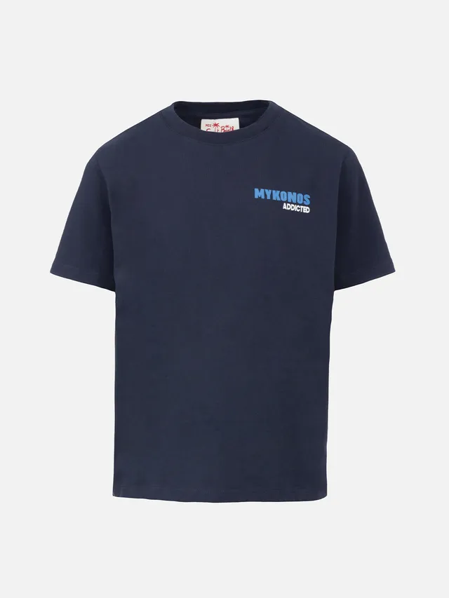mc2-saint-barth-t-shirt-bambino-boy-cotone-blu-stampa-mykonos-cartoline image 1
