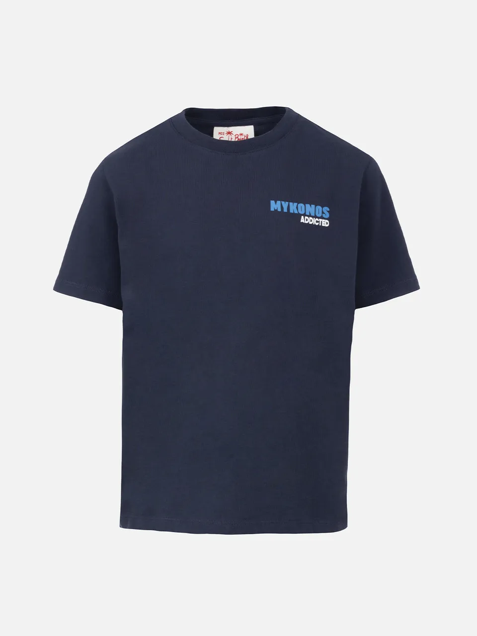 mc2-saint-barth-t-shirt-bambino-boy-cotone-blu-stampa-mykonos-cartoline image 1