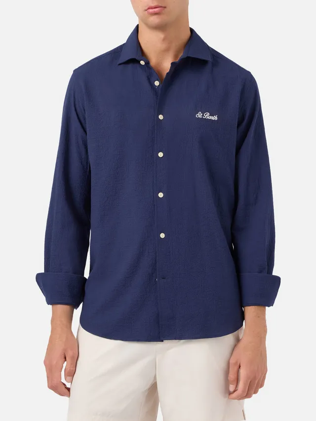 mc2-saint-barth-camicia-uomo-pamplona-seersucker-blu-con-ricamo image 1