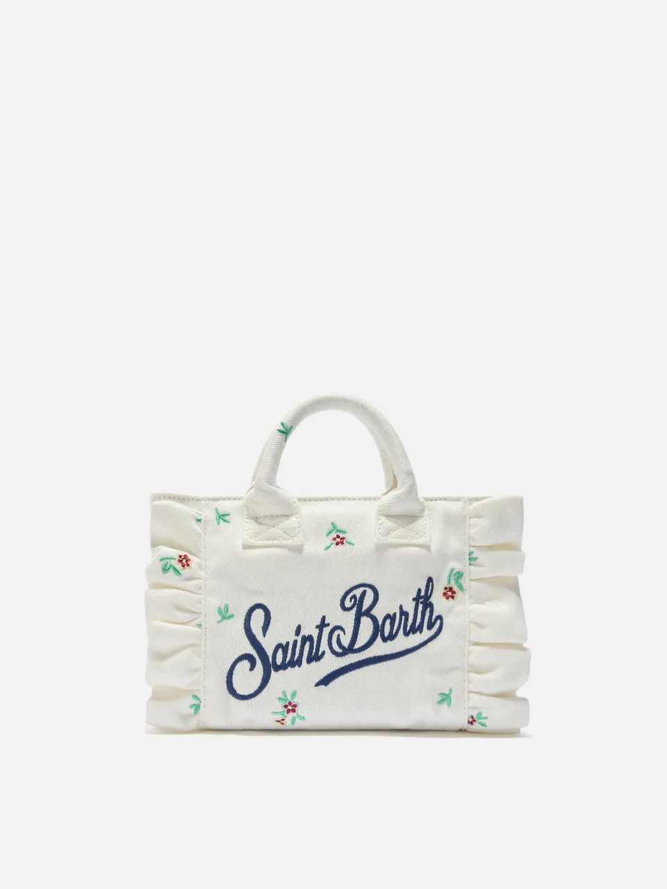 mc2-saint-barth-vanity-mini-volant-borsa-denim-bianca-fiori-ricamati image 1