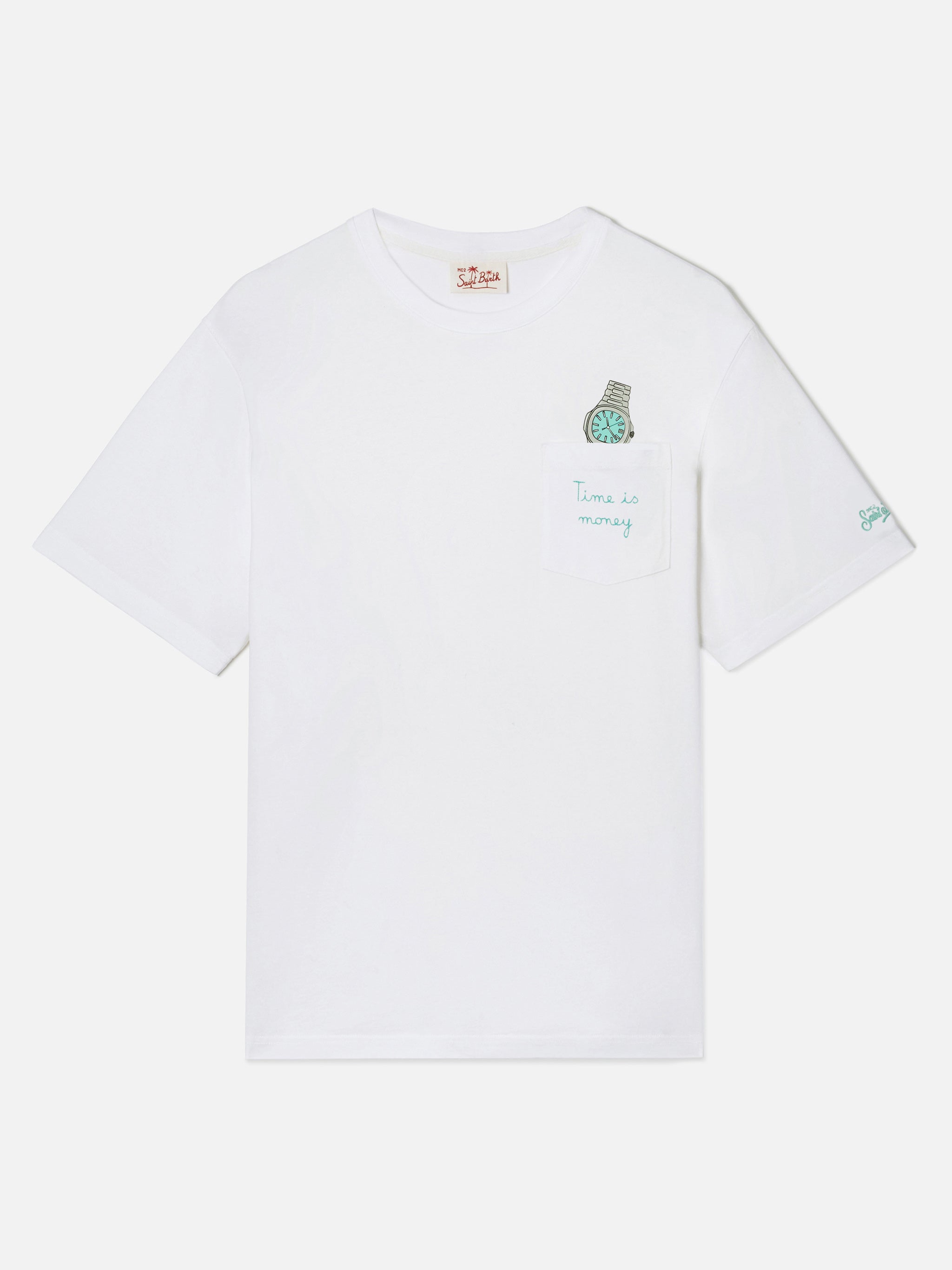 mc2-saint-barth-t-shirt-austin-uomo-bianca-cotone-time-is-money-orologio image 5