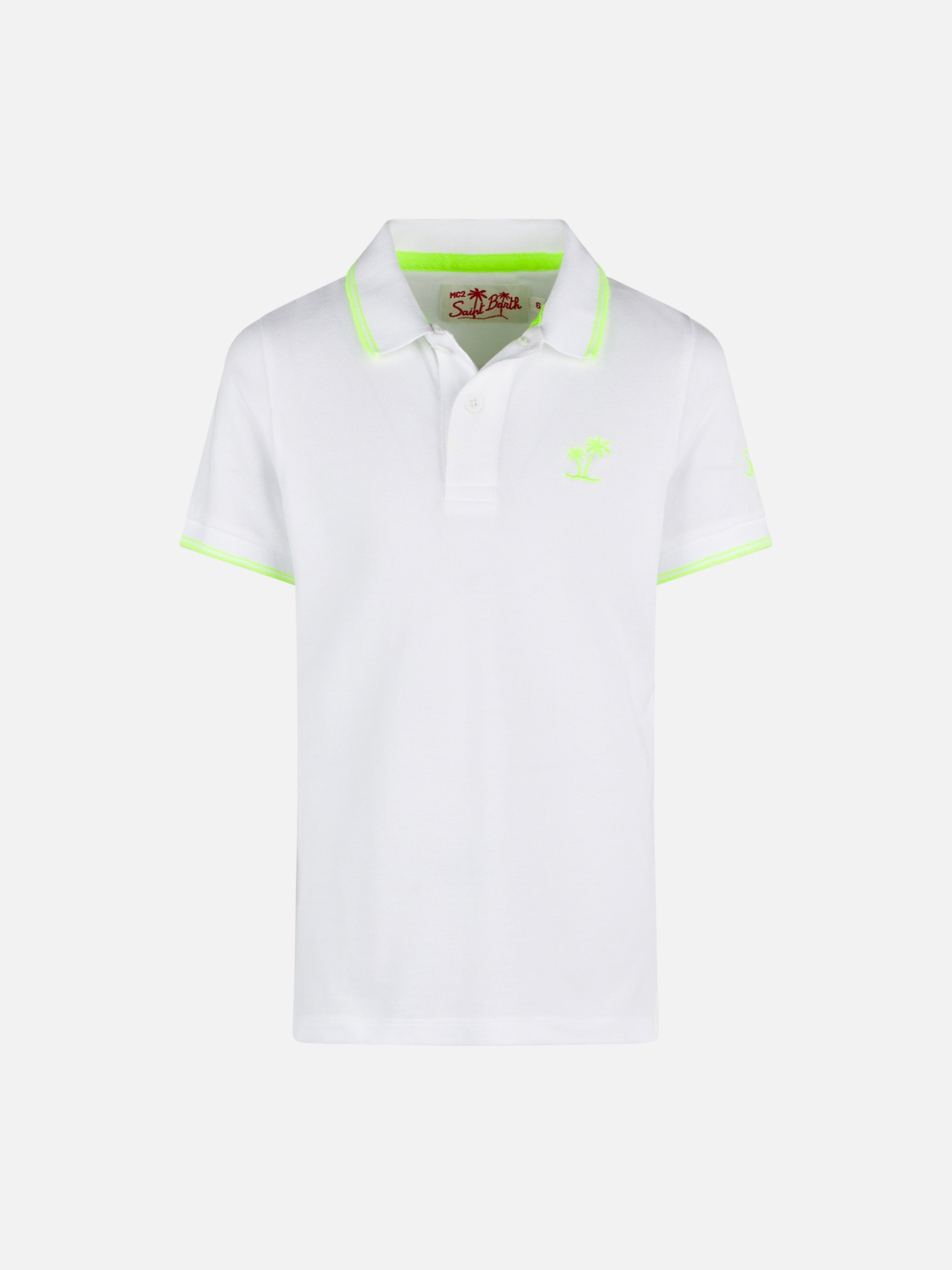 mc2-saint-barth-ecstasea-polo-bambino-in-piquet-bianco-con-logo-giallo-fluo image 1