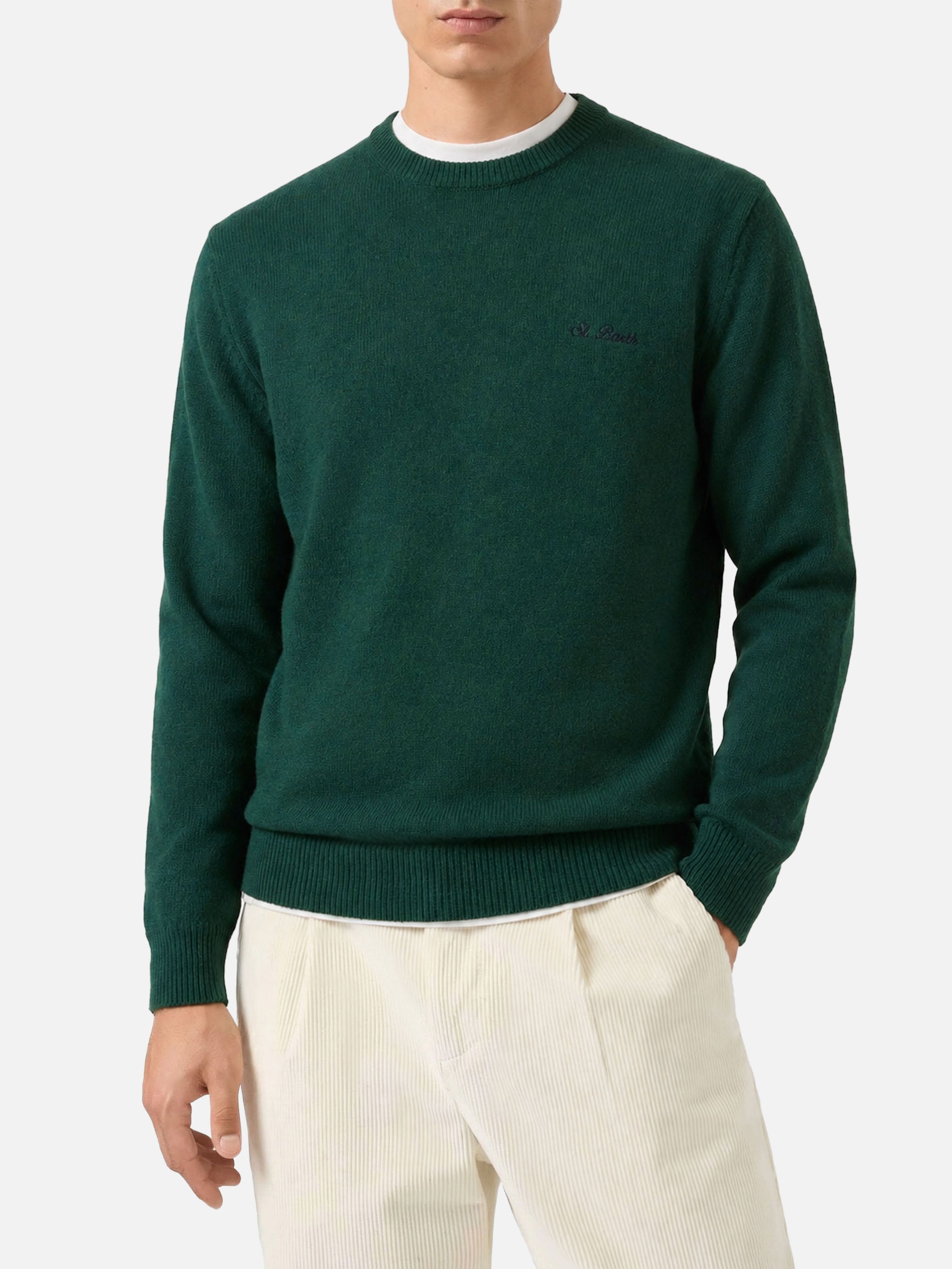 mc2-saint-barth-regent-maglione-uomo-girocollo-in-lambswool-verde-con-ricamo-st- image 1
