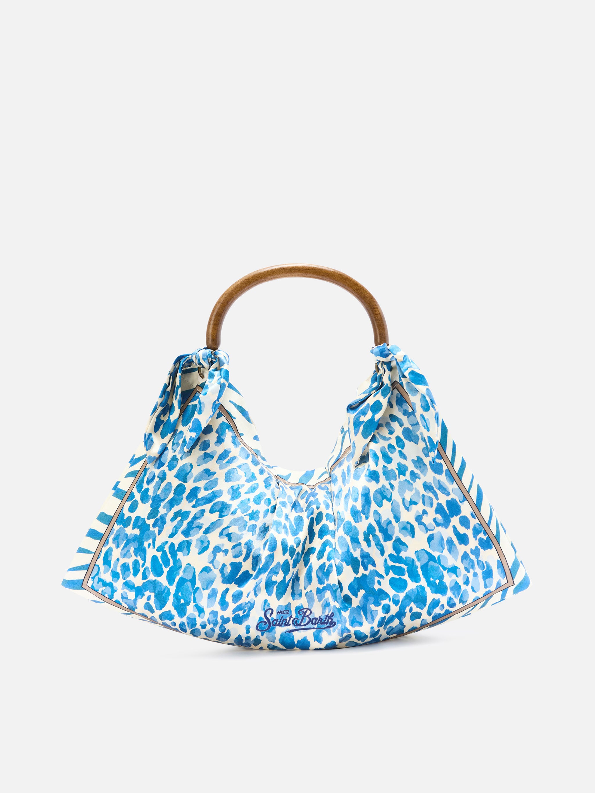 mc2-saint-barth-foulard-borsa-in-seta-blu-avorio-manico-legno-animalier image 1