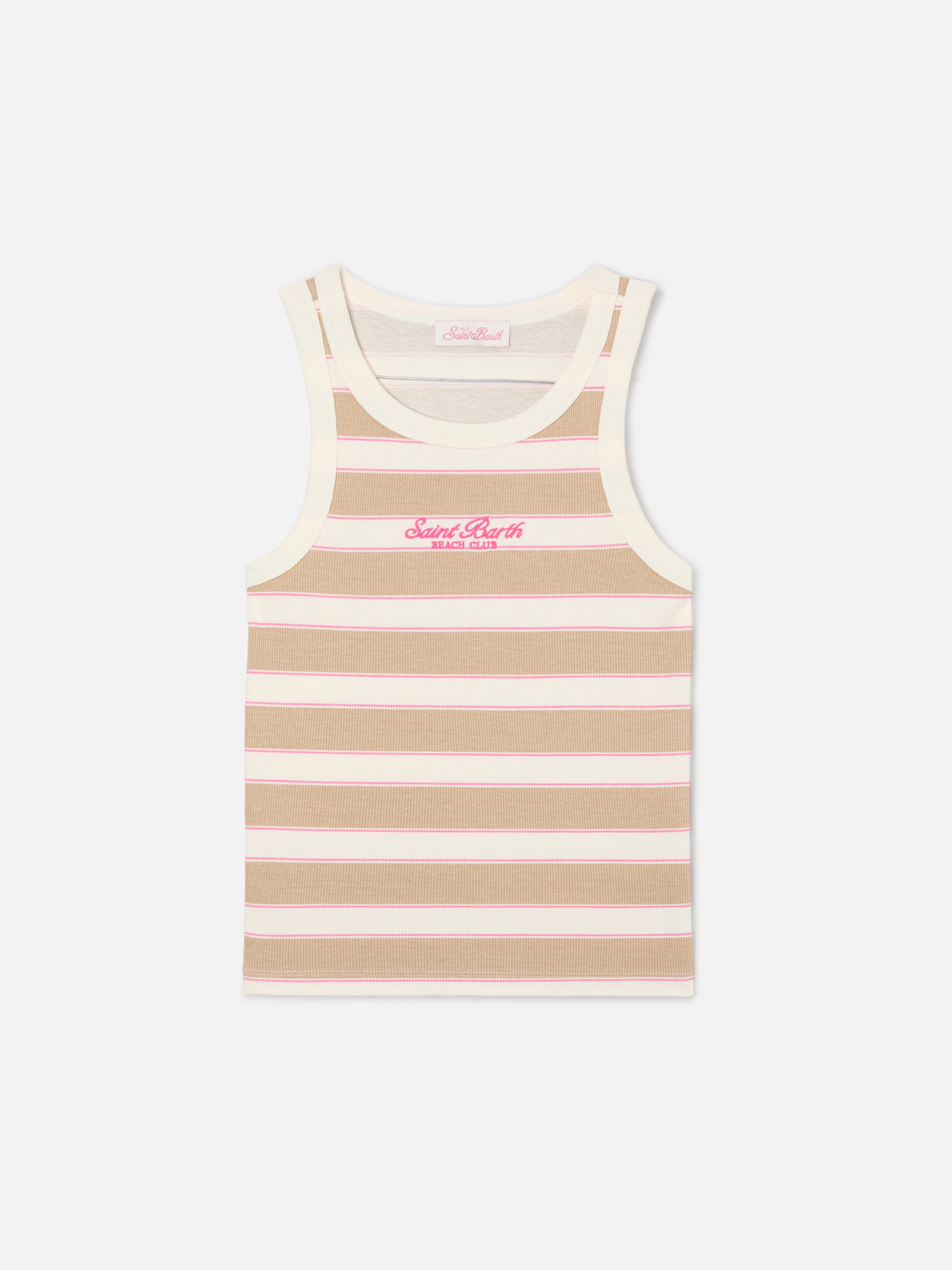 mc2-saint-barth-top-blue-jr-a-righe-beige-e-rosa-con-logo-ricamato-per-bambina image 1