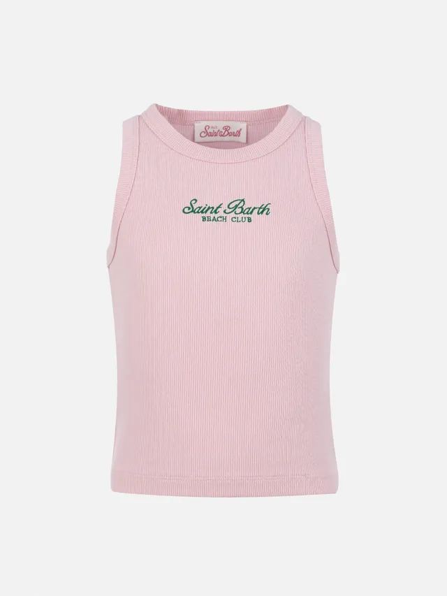 top-corto-blue-jr-mc2-saint-barth-in-maglia-a-coste-rosa-con-ricamo image 1