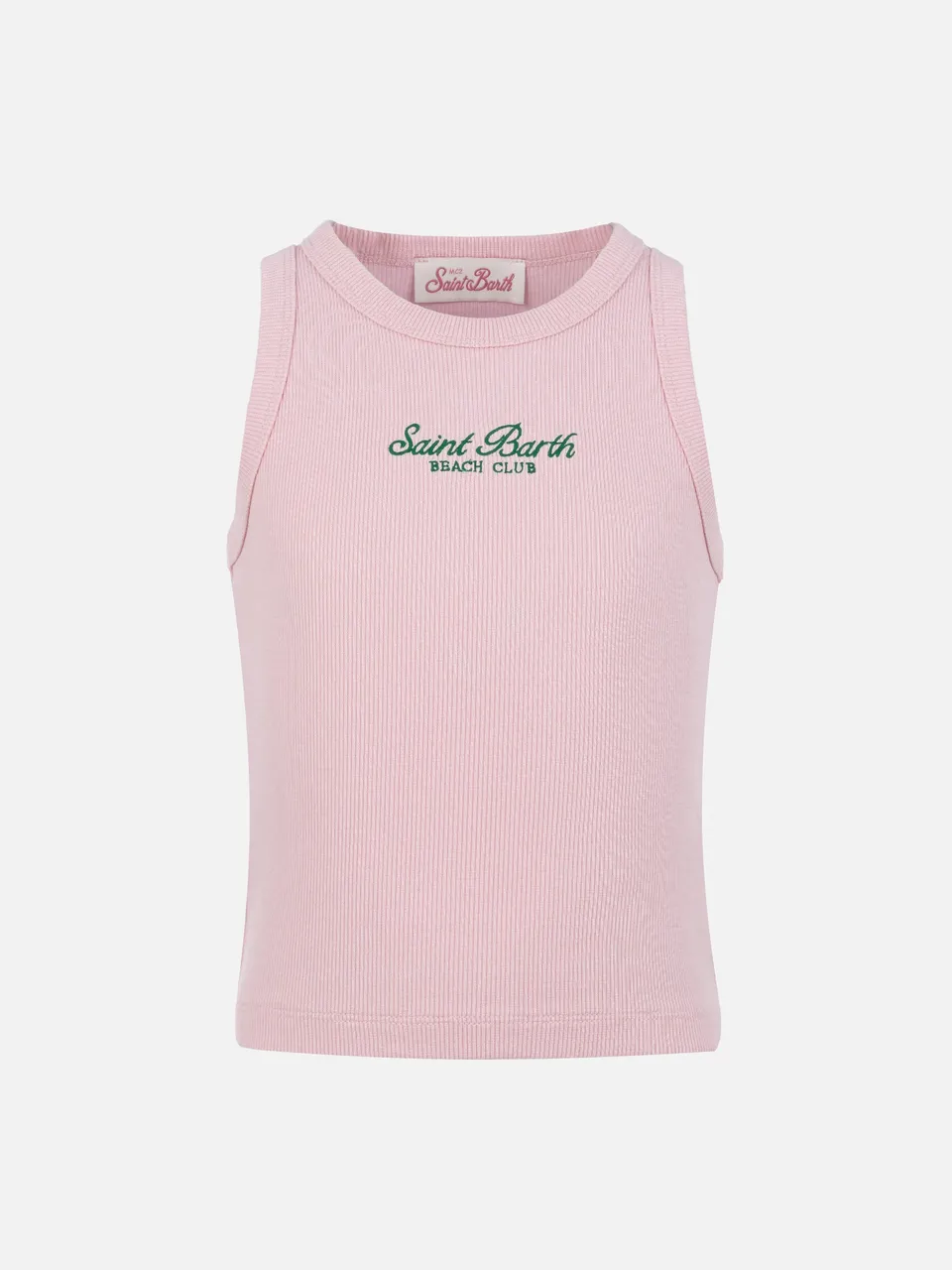top-corto-blue-jr-mc2-saint-barth-in-maglia-a-coste-rosa-con-ricamo image 1