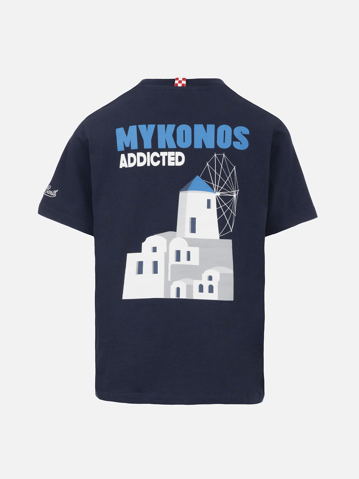 mc2-saint-barth-t-shirt-bambino-boy-cotone-blu-stampa-mykonos-cartoline image 2