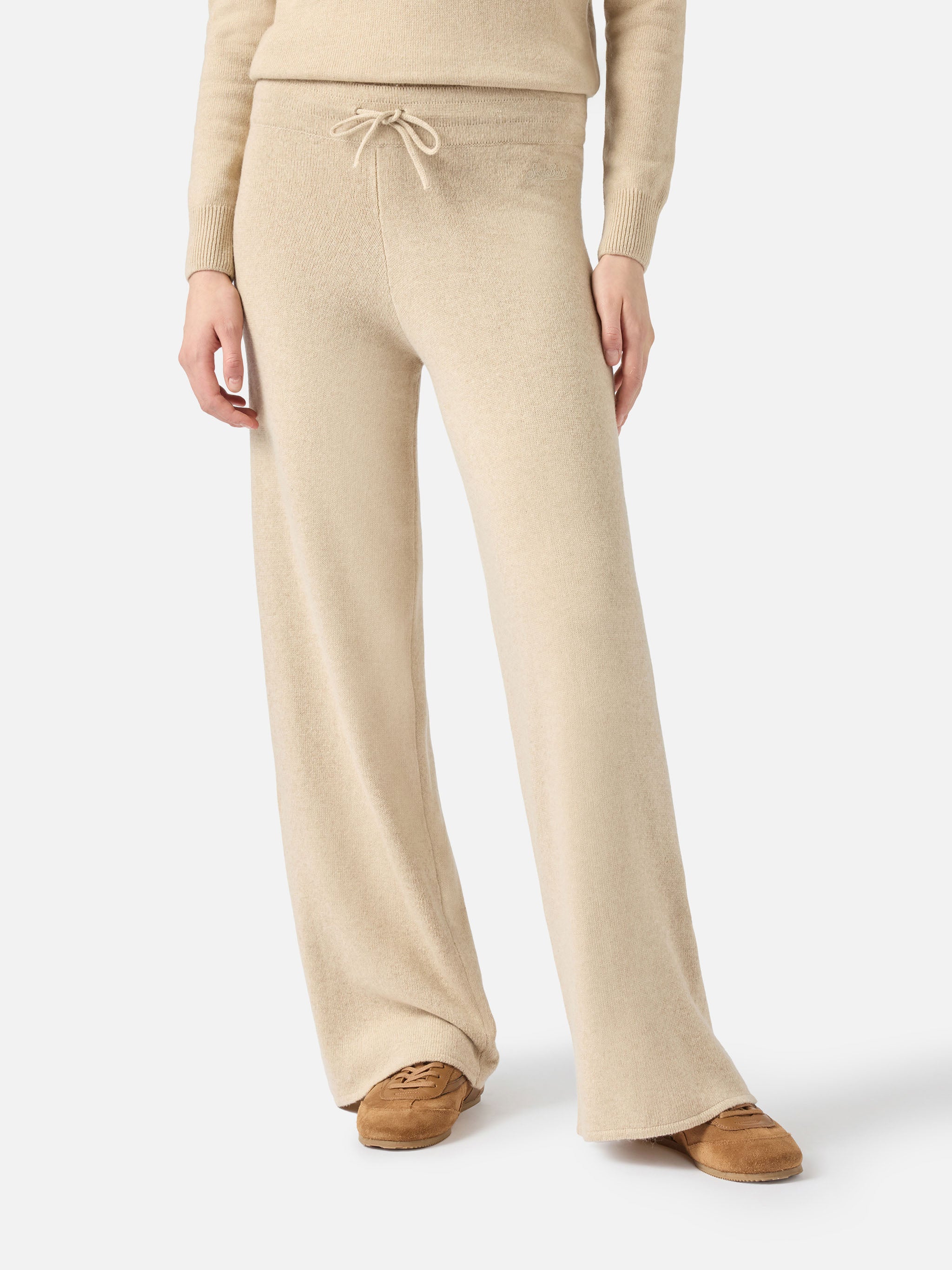 mc2-saint-barth-pantalone-a-palazzo-beige-in-maglia-cachemire-misto-donna image 1