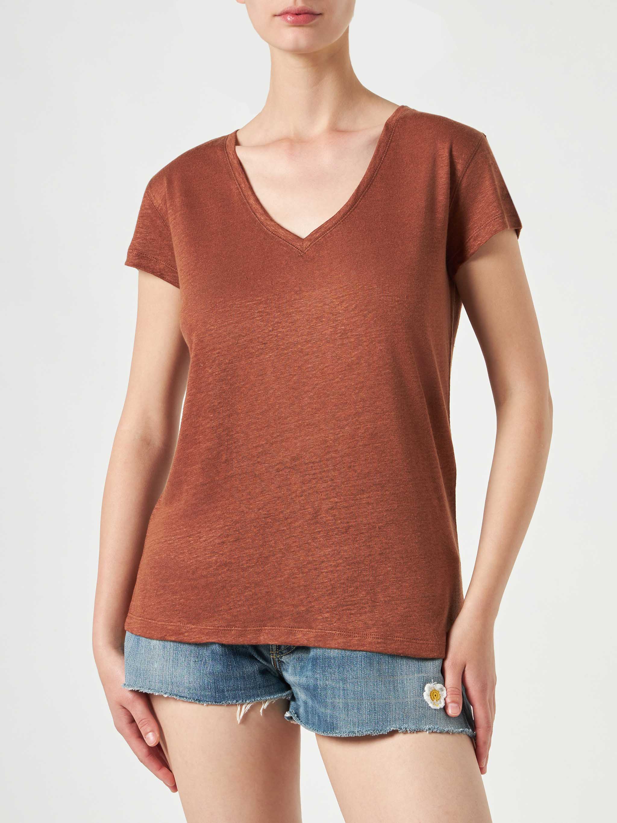 mc2-saint-barth-eloise-t-shirt-donna-in-lino-marrone-scollo-a-v image 1