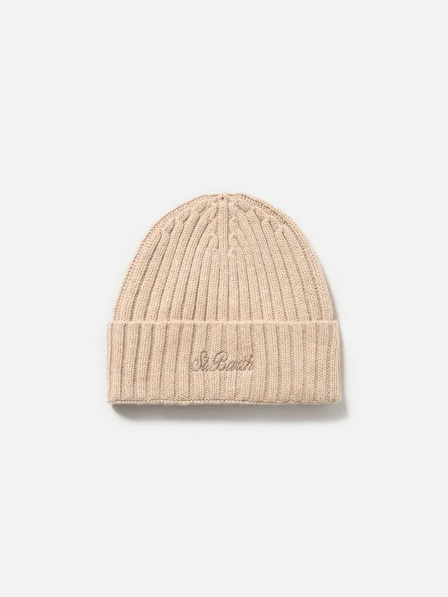 mc2-saint-barth-cappello-wengen-in-cashmere-beige-a-coste-con-ricamo-logo image 1