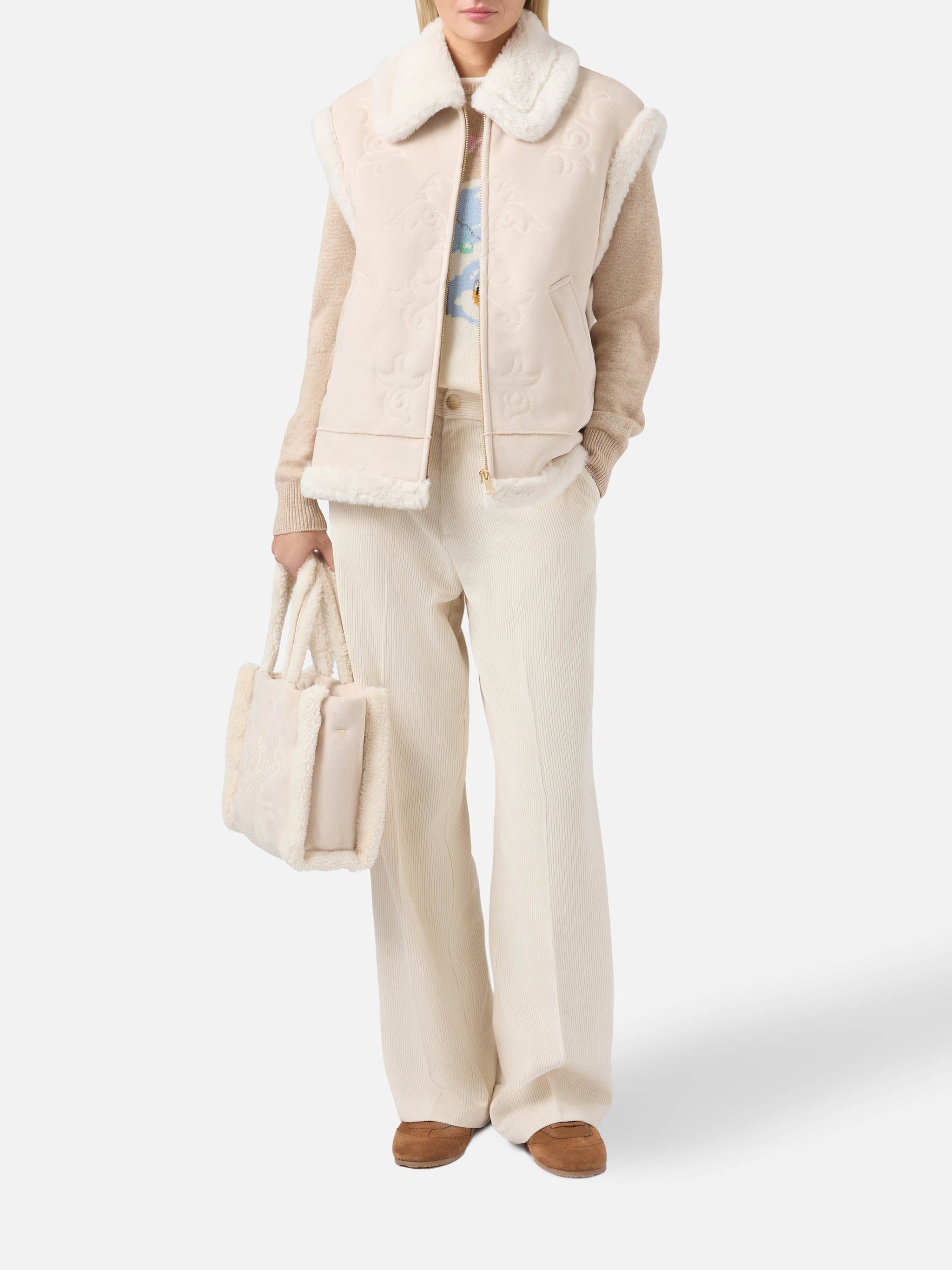 mc2-saint-barth-gilet-hesketh-donna-eco-montone-beige-ricamo-texano image 2