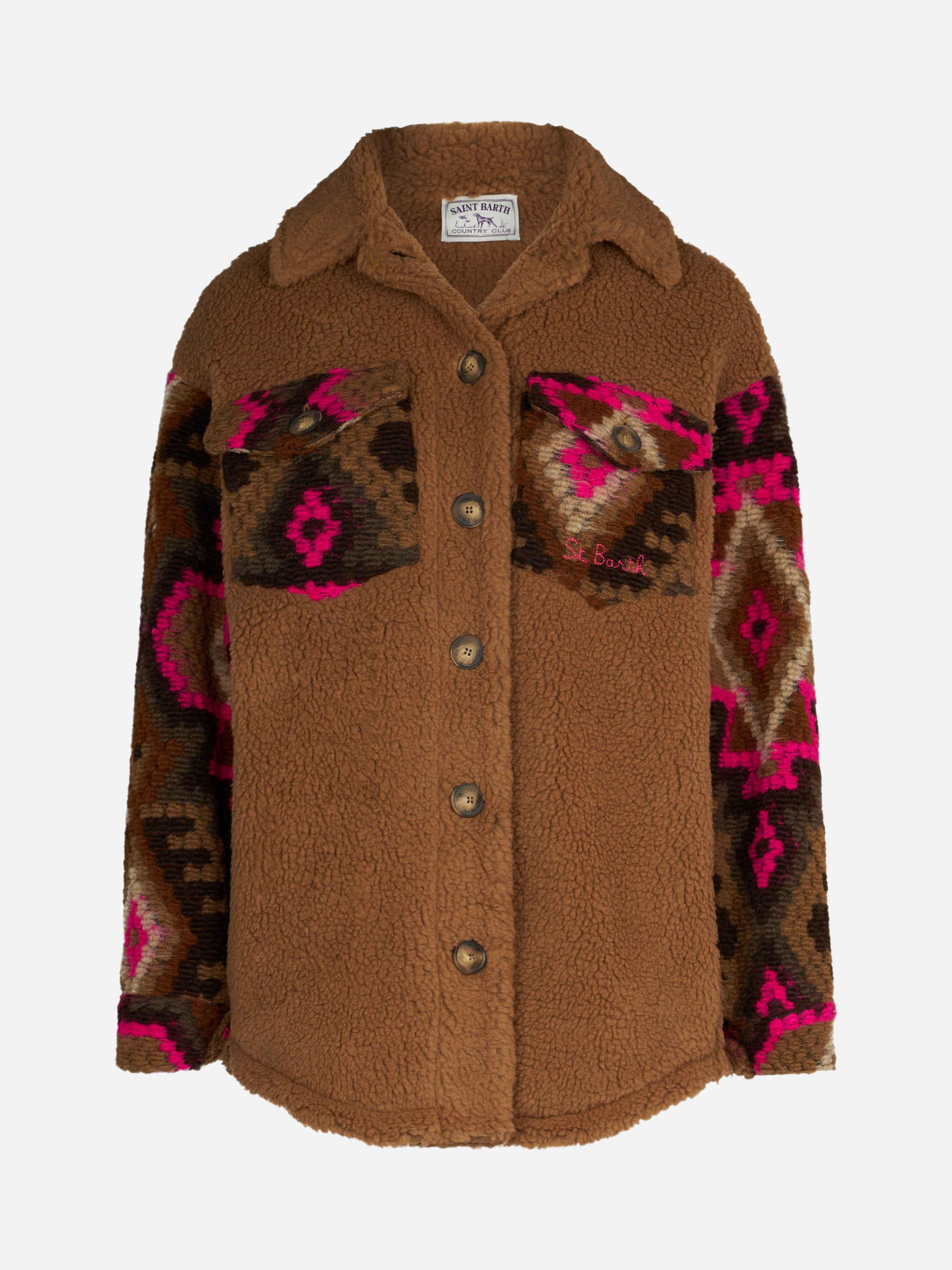 giacca-elys-overshirt-mc2-saint-barth-in-sherpa-marrone-con-stampa-etnica-su-man image 4