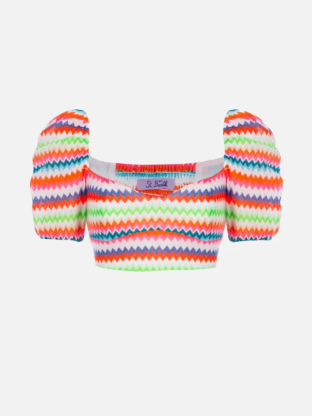 mc2-saint-barth-top-crop-delia-in-raschel-con-fantasia-chevron-fluo-arancione-e- image 1