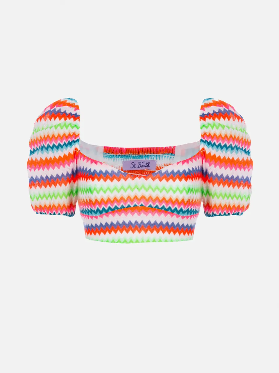 mc2-saint-barth-top-crop-delia-in-raschel-con-fantasia-chevron-fluo-arancione-e- image 1