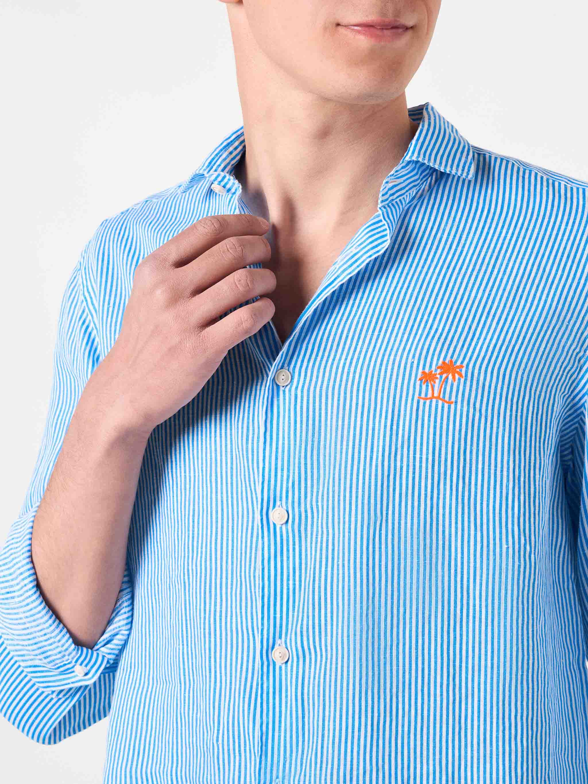 mc2-saint-barth-camicia-pamplona-uomo-in-lino-a-righe-bianco-e-bluette-fluo image 2