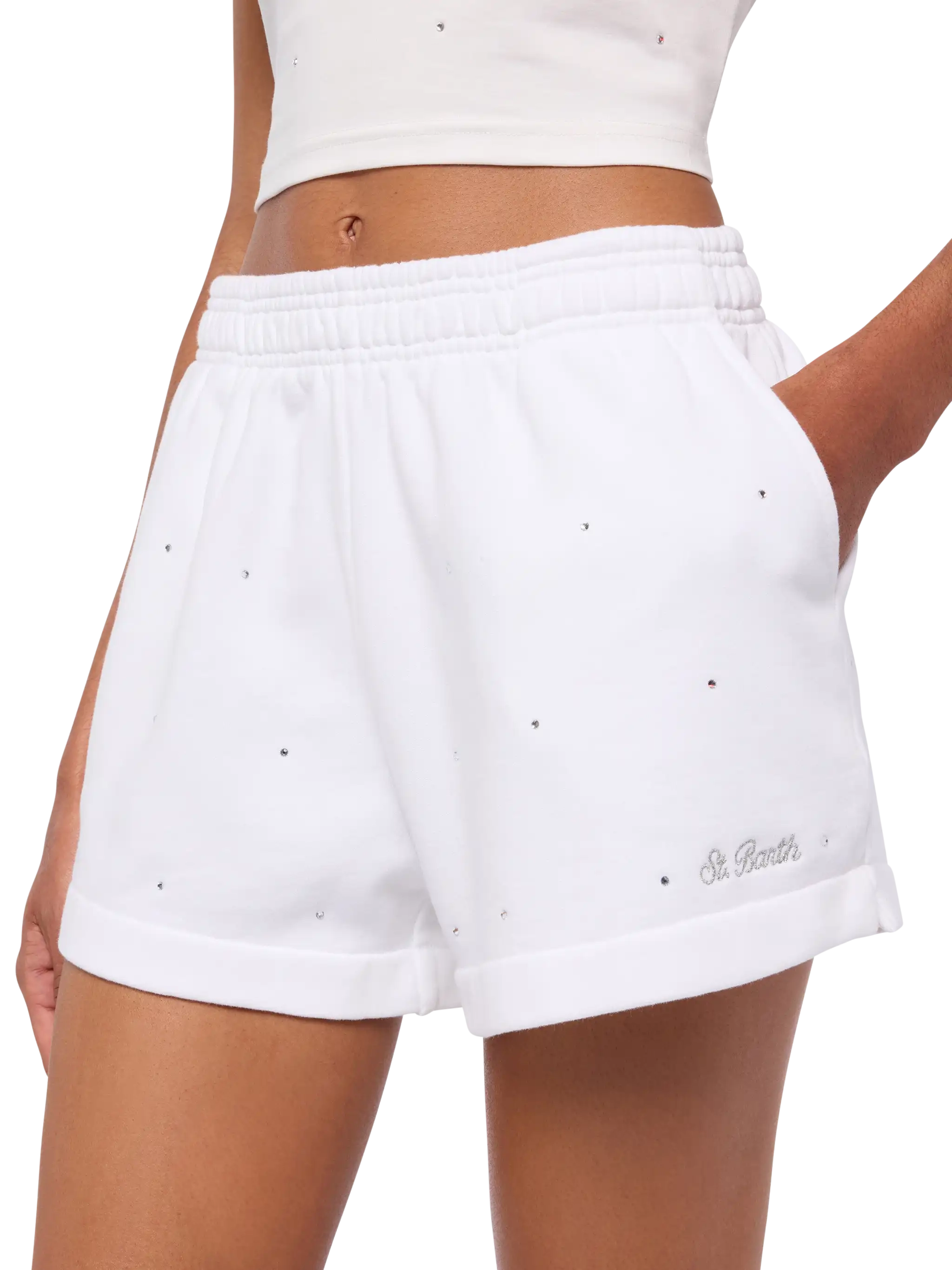 mc2-saint-barth-cate-cate0001-shorts-donna-in-cotone-bianco-con-strass-a-righe image 4