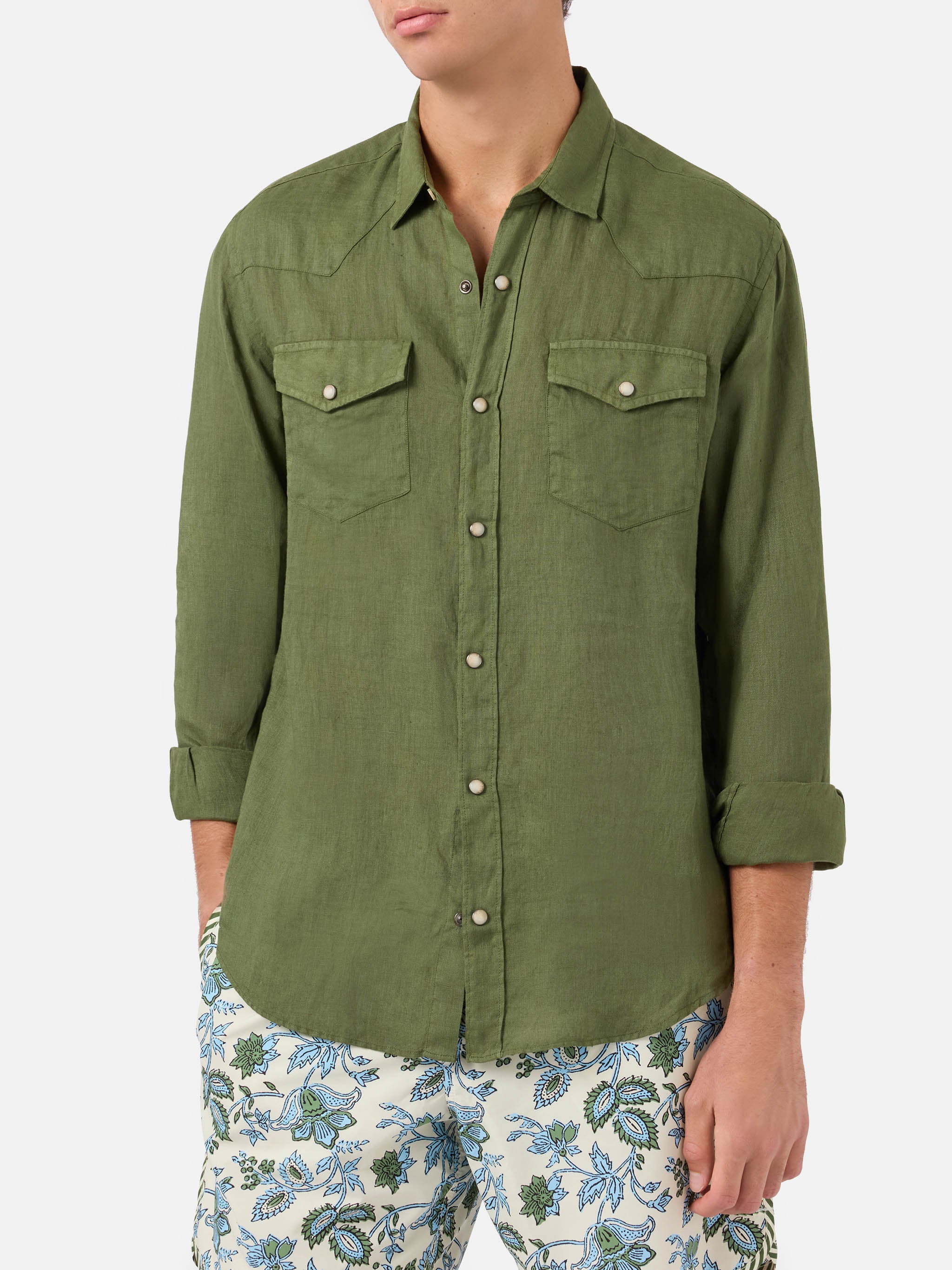 mc2-saint-barth-camicia-sikelia-uomo-in-lino-verde-scuro image 1