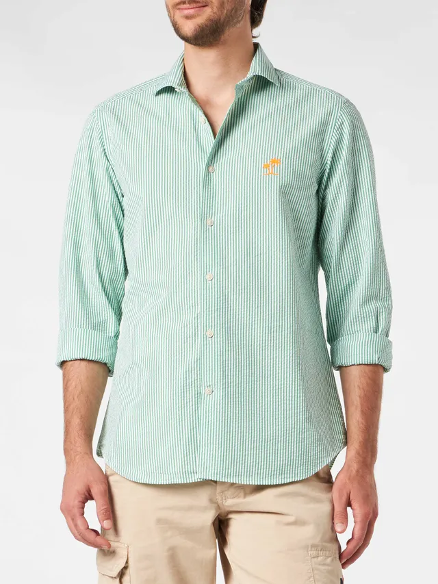 mc2-saint-barth-camicia-pamplona-uomo-in-seersucker-a-righe-verdi-con-ricamo-pal image 1