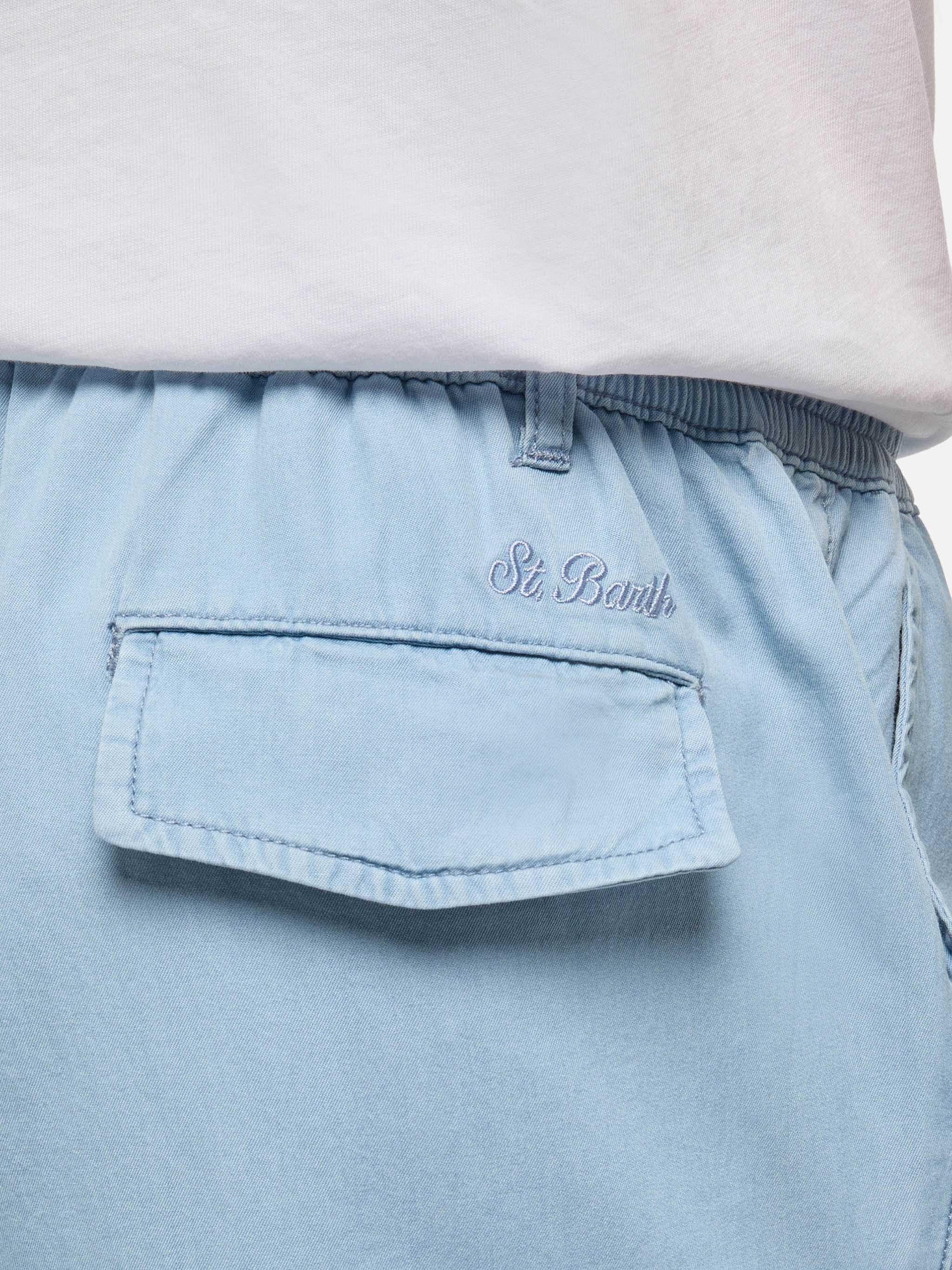 pantaloni-mc2-saint-barth-calais-in-chambray-di-cotone-blu-denim-con-coulisse image 2