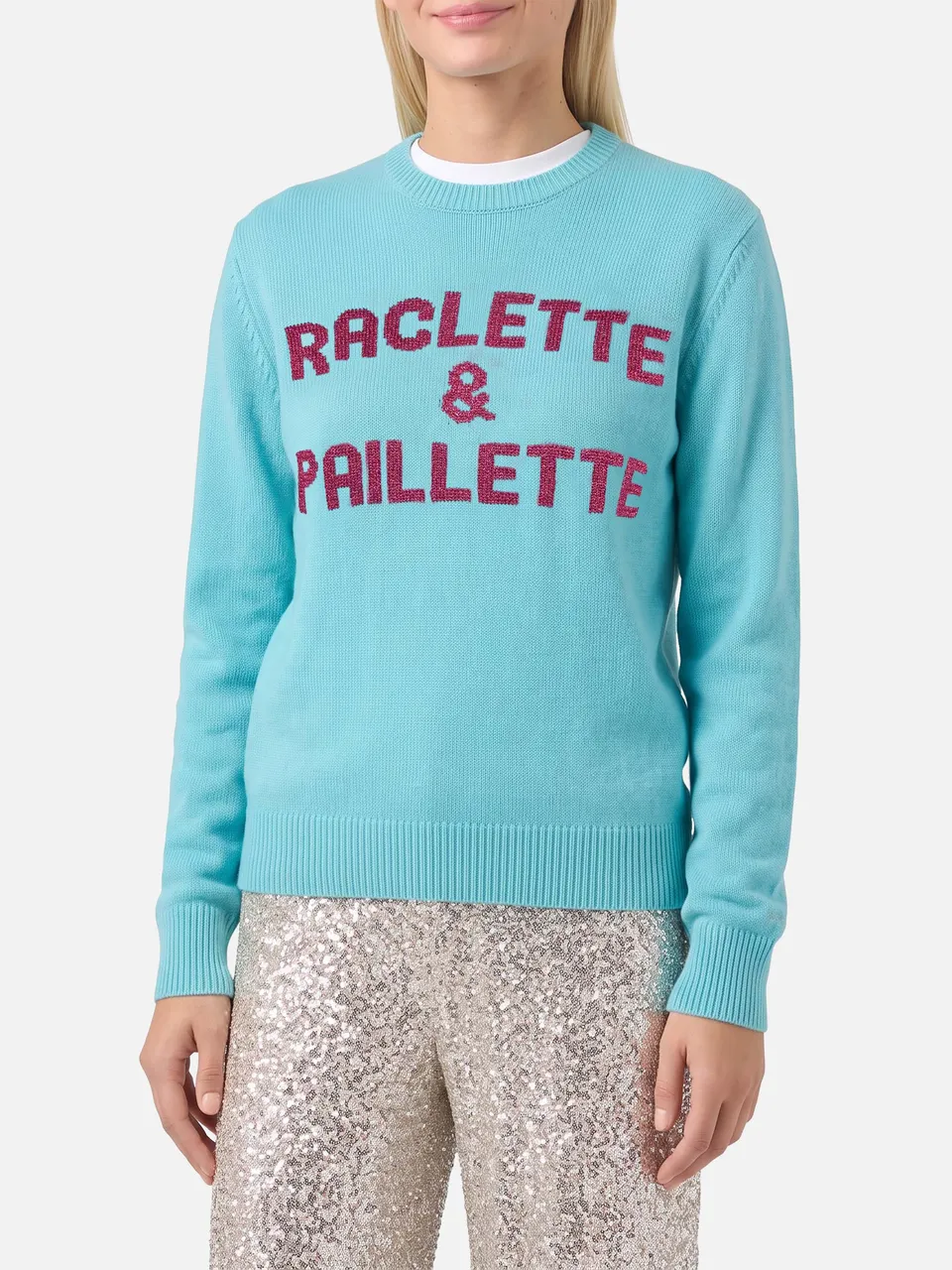 mc2-saint-barth-maglione-new-queen-verde-acqua-con-scritta-raclette-paillettes image 1