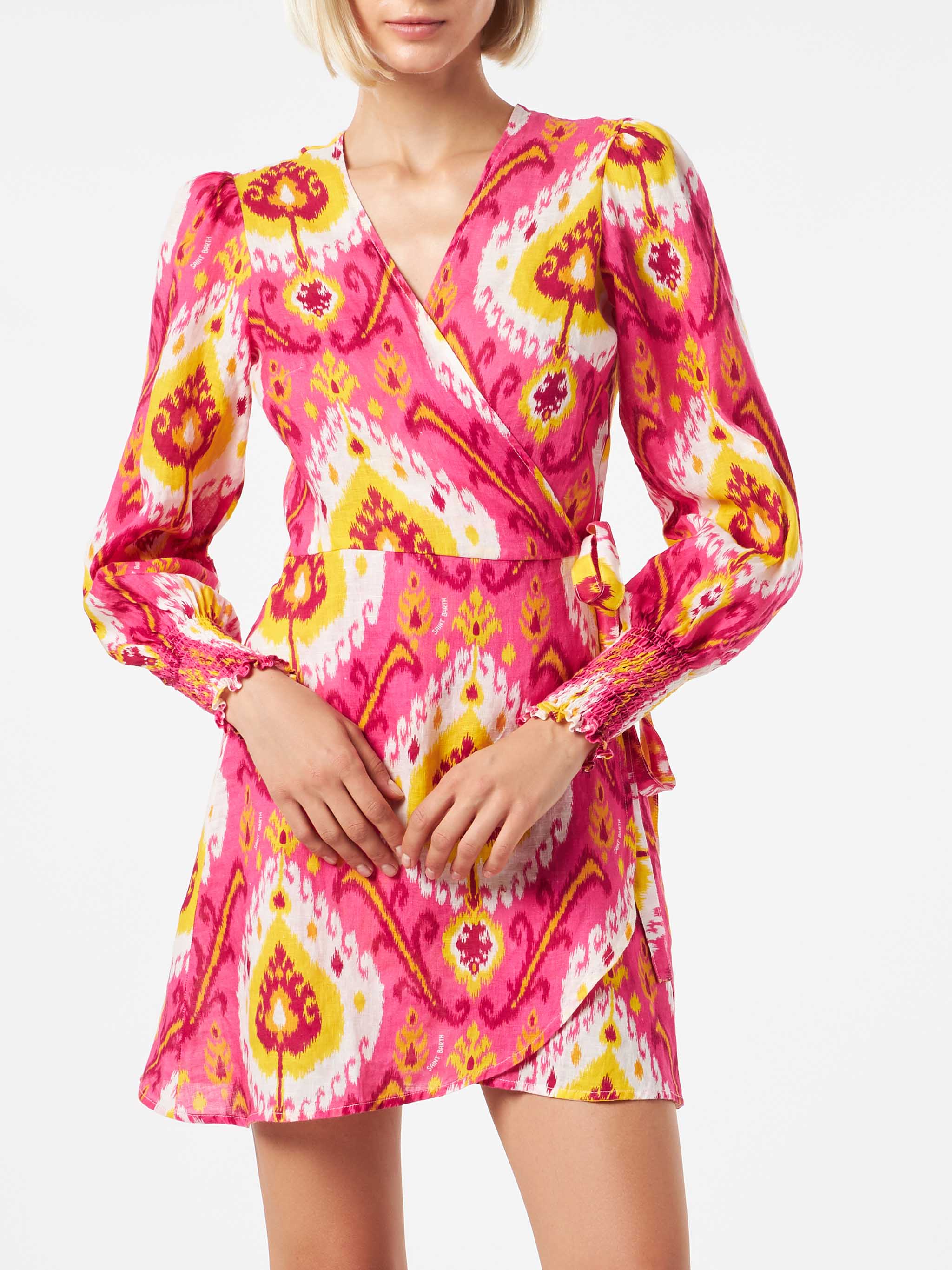 mc2-saint-barth-abito-corto-in-lino-brillante-con-stampa-ikat-fucsia-e-giallo image 1