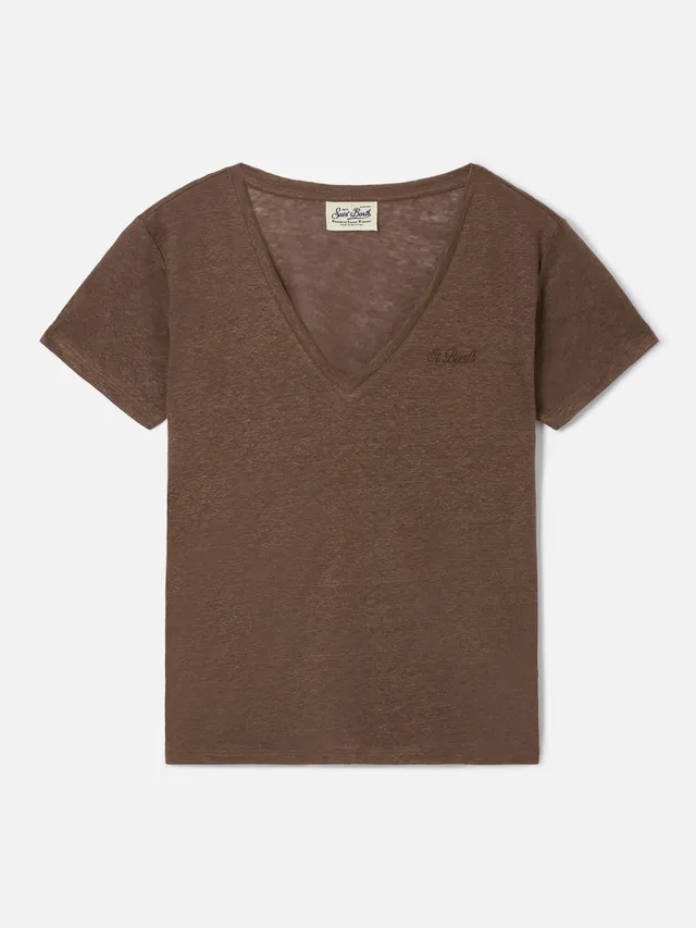 mc2-saint-barth-eloise-t-shirt-donna-lino-marrone-scollo-a-v image 1