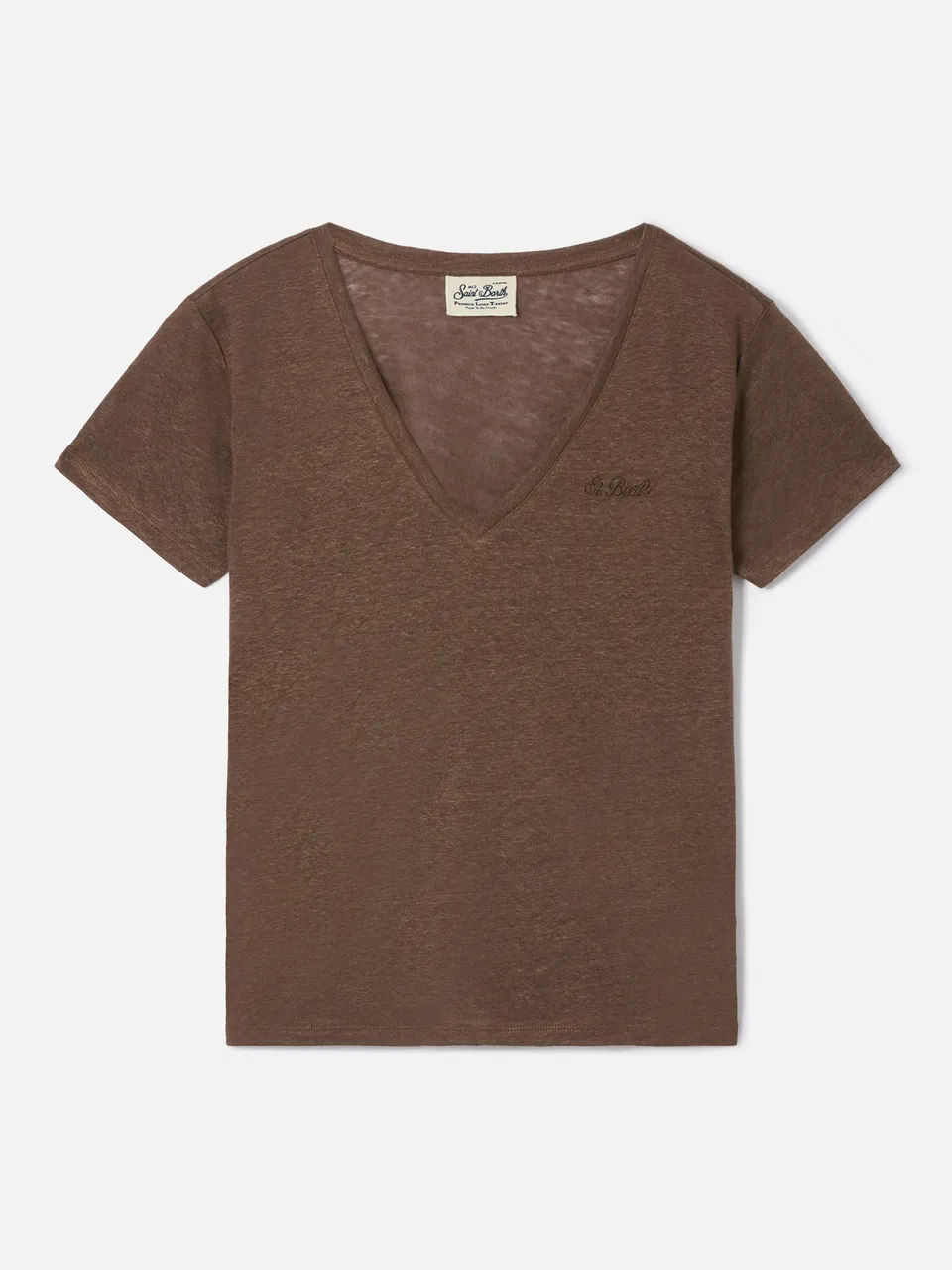 mc2-saint-barth-eloise-t-shirt-donna-lino-marrone-scollo-a-v image 1